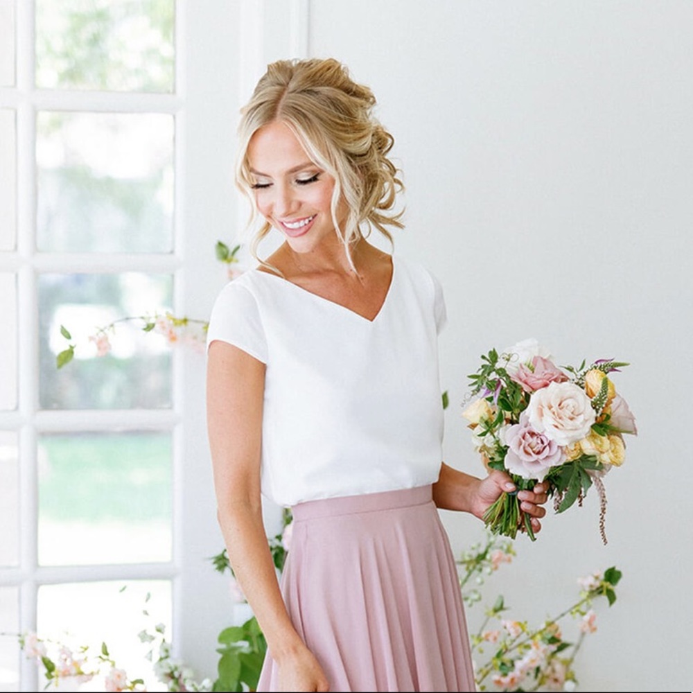 Revelry bridesmaid Candice chiffon top white pearl